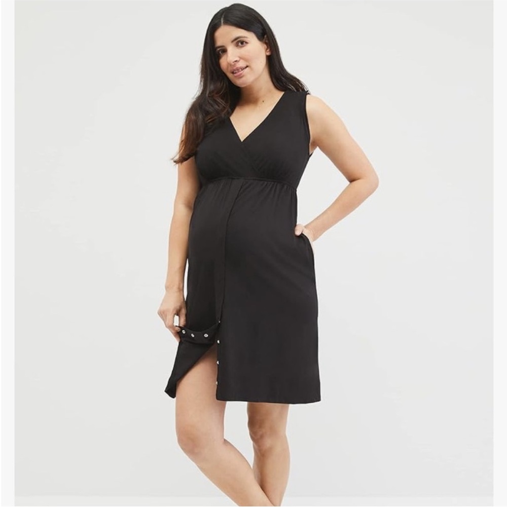 Black Sleeveless V-Neck Maternity Nursing birthing Dress